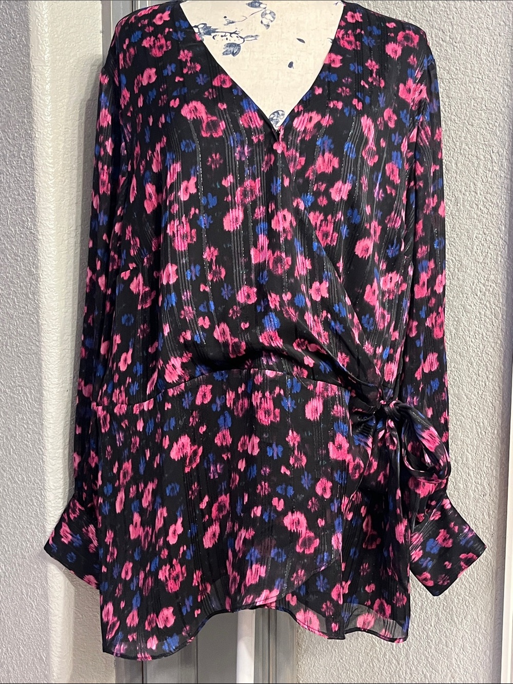 Vince Camuto Black Wrap Blouse with Pink & Blue Floral Pattern